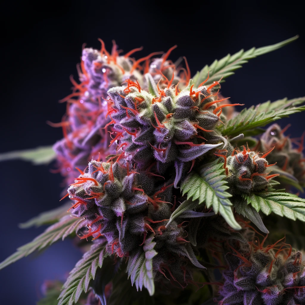 Close-up of a vibrant cannabis bud with purple hues and red pistils grown in British Columbia.