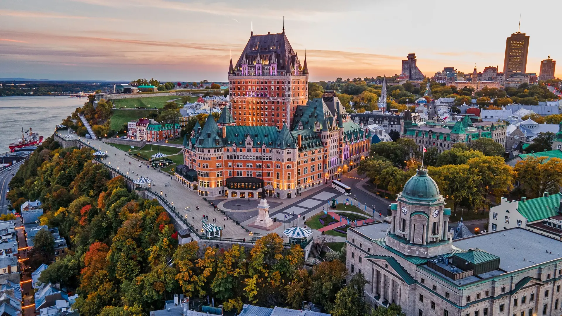 Aerial view of Château Frontenac in Quebec City during sunset.